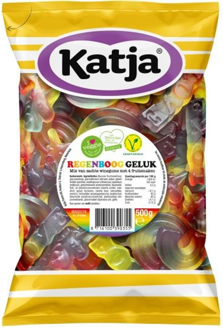 A package of Katja Rainbow happiness 500 g, featuring colorful gummy candies in rainbow shapes, indicating the product is fruity, gluten free, and vegan.